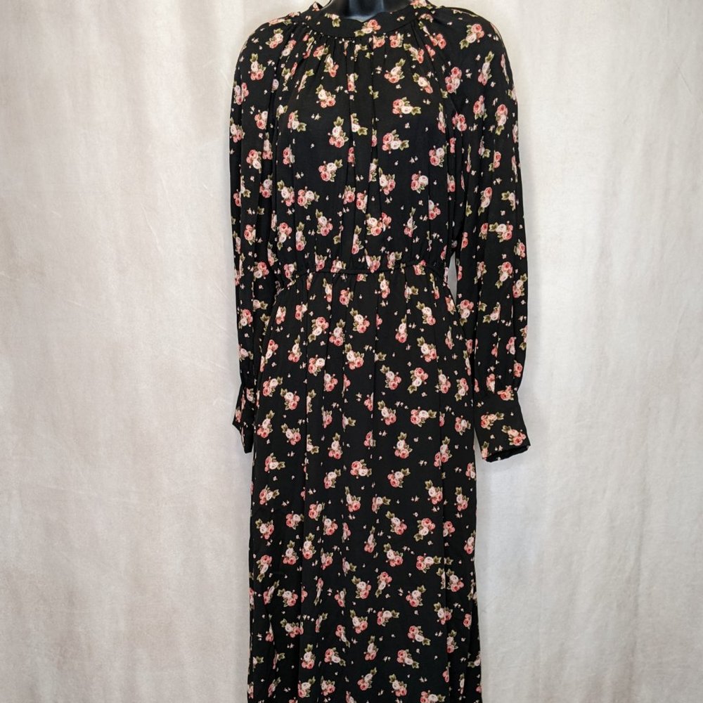 NWOT Medium, size 6 Bohemian maxi dress black with pink/red rose pattern